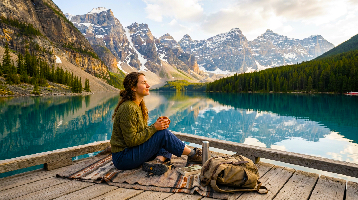 Woman sitting with coffee in front of a lake